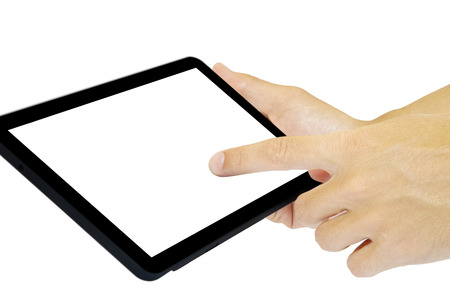 white tablet pc in hands on white background. Portable computerの写真素材
