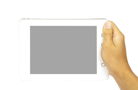 white tablet pc in hands on white background. Portable computerの写真素材