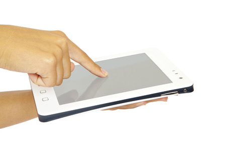 white tablet pc in hands on white background. Portable computerの写真素材