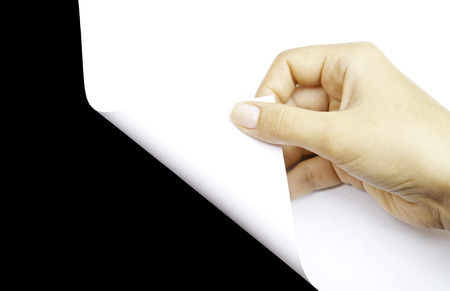 One human hand open white page of paperの写真素材
