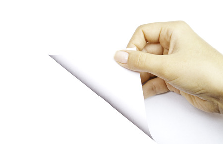 One human hand open white page of paperの写真素材