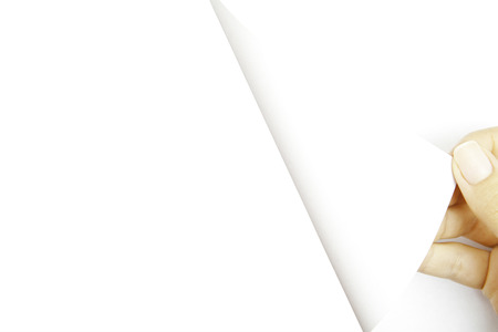 One human hand open white page of paperの写真素材