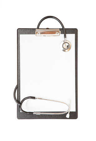 blank clipboard with modern stethoscope, space for messagesの写真素材