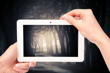 tablet computer in hand on the forest backgrounds