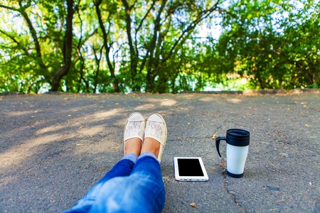 table pc in a hand for a girlの写真素材