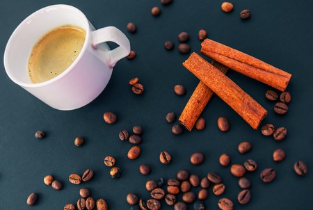 Coffee beans on wood backgroundの写真素材