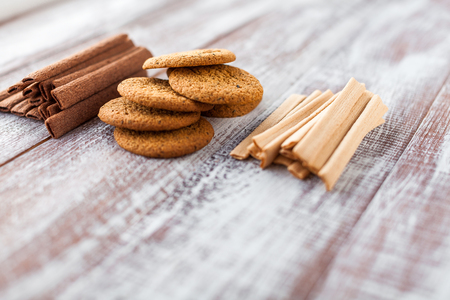 cookie in dish on a wooden backgroundの写真素材