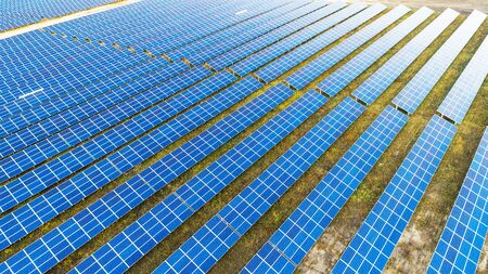 Solar panels in aerial view. Solar panels system power generators from sun