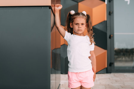 little girl in white t-shirt. space for your logo or design. Mockup for printの写真素材