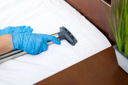 Janitor cleaning mattress with professional equipment in bedroom, closeup