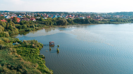 drone with a camera, beautiful summer small river from a height.の写真素材