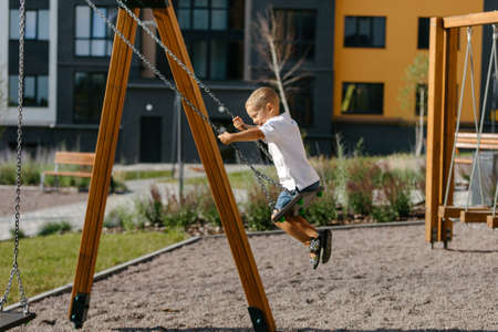 little kid boy having fun while playing on the playground in the daytime in summer. Outdoor activity.の写真素材