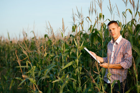 young agronomist holds a paper chart in his hands and analyzes the corn crop.の写真素材