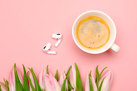 Modern trend template for advertising, product Mock up. Presentation template. Flowers, tulips, phone, keyboard. pink tulipsの写真素材