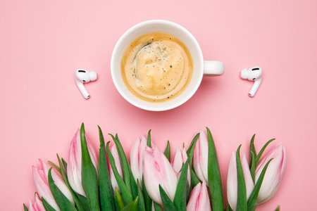 Modern trend template for advertising, product Mock up. Presentation template. Flowers, tulips, phone, keyboard. pink tulipsの写真素材
