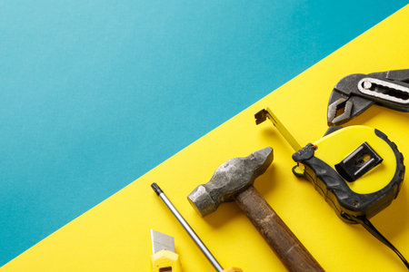 tools on wooden boards with copy space. House renovation conception.の写真素材