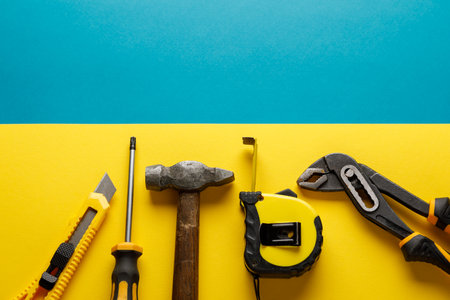 tools on wooden boards with copy space. House renovation conception.の写真素材