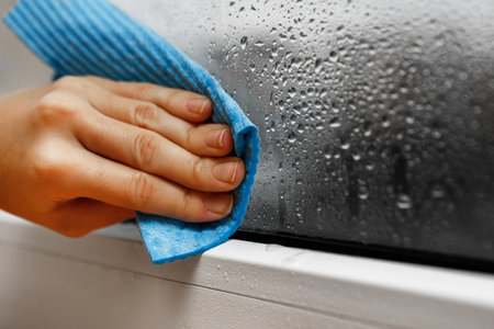 high humidity in the house. hand wipes off water condensation from plastic window glass in the room. home moistureの写真素材