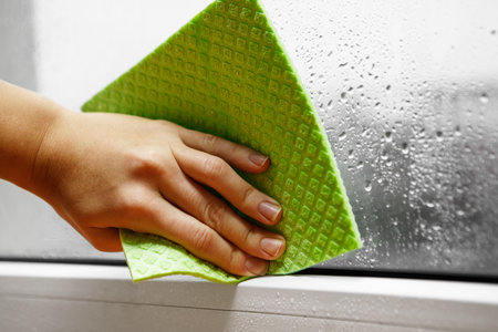 high humidity in the house. hand wipes off water condensation from plastic window glass in the room. home moistureの写真素材