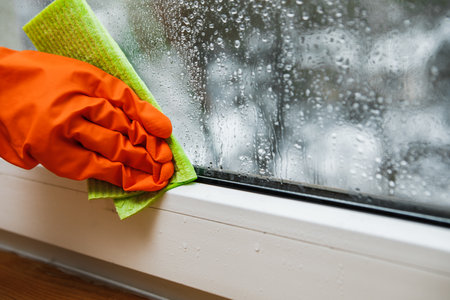 high humidity in the house. hand wipes off water condensation from plastic window glass in the room....