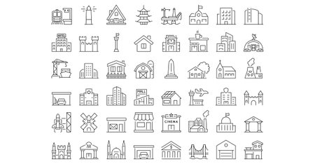 Set of 36 web icons Building in line style. Vector illustration.のイラスト素材