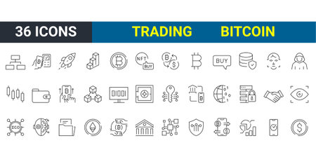 Set of 30 Cryptocurrency economy web icons collection. Blockchain package. Bitcoin, NFT, Vector illustration. Outline icon. Editable stroke.のイラスト素材