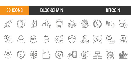 Set of 30 Cryptocurrency economy web icons collection. Blockchain package. Bitcoin, NFT, Vector illustration. Outline icon. Editable stroke.のイラスト素材