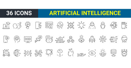 Artificial intelligence set of 36 web icons in line style. AI technology icons for web and mobile app. Machine learning, digital AI technology, algorithm, smart robotic and cloud computing networkのイラスト素材