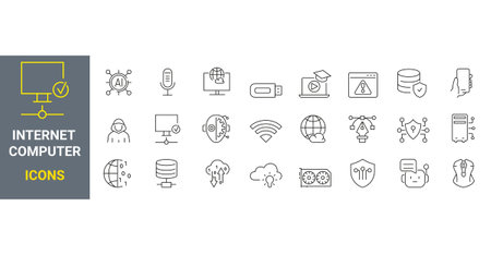 Internet computer web icons in line style. Cloud technology, data center, connection network, digital service, collection. Vector illustration.のイラスト素材