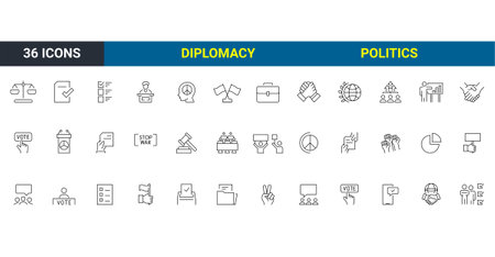 Set of 36 Politics and diplomacy. Voting Related Vector Line Icons. Raising Hands, Electronic voting and more. Editable Strokeのイラスト素材
