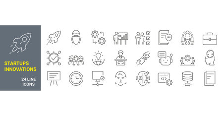 Set of 24 Startups innovations icons. Innovation team management. Editable stroke.のイラスト素材
