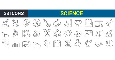 Set of 33 line icons related to science. Outline icons collection. Simple vector illustration. Editable strokeのイラスト素材