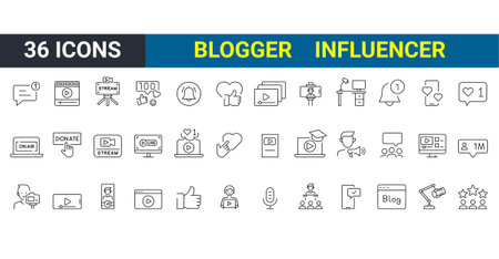 Influence and blogger people set of 36 line icons. telling brand story, banner web icon for business and social media marketingのイラスト素材