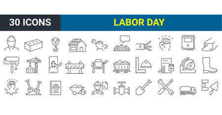 Set of 30 line icons related to labor day, construction, renovation. Outline icon collection. Vector illustration. Editable stroke.のイラスト素材