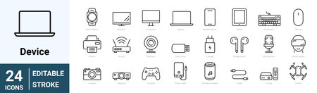 Simple Set of Personal Devices Related Vector Line Icons. Tablet, laptop, phone, console, Smart Watch and more. Editable Stroke.のイラスト素材