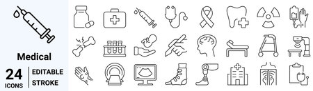 Set of 24 outline icons healthcare medical. Medical care. Dermatology, gynecology, oncology, dentistry. Editable stroke Vector illustration.のイラスト素材