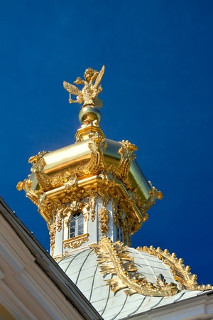 The golen Dome with two head eagle on the top of Russian Orthodox churchの写真素材