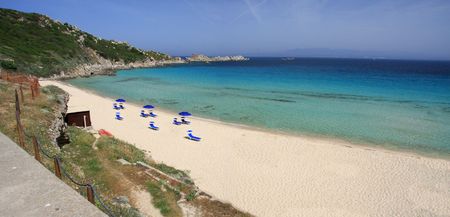 View of beautiful beach of Rena Bianca in summer, Sardiniaの写真素材