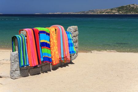 Exhibition of colorful beach towelsの写真素材