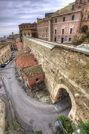 Medieval bridge and wall in old european townの写真素材