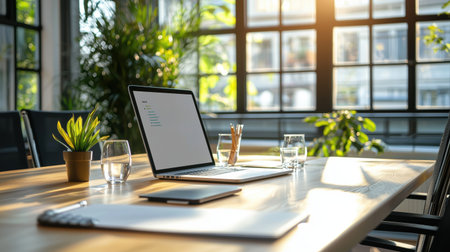 A professional workspace setup featuring a laptop, a small plant, and glasses of water on a wooden table. Natural sunlight streams through large windows in the background, creating a bright andの素材