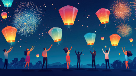 A group of people gather to release vibrant sky lanterns into the starry night, accompanied by dazzling fireworks, creating a festive and hopeful celebration.の素材