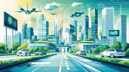 A dynamic illustration of a futuristic smart city featuring advanced architecture, autonomous cars, and flying vehicles, symbolizing urban innovation and sustainable living with digital overlays.の素材