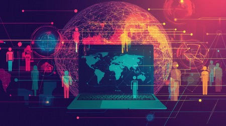 A vibrant digital illustration showcasing a laptop displaying a world map, surrounded by an intricate global network of interconnected abstract people. This image represents worldwide socialの素材