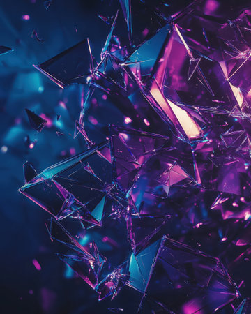 Dynamic abstract artwork showcasing shattered crystal fragments bathed in a mesmerizing gradient of luminous purple and blue light, creating an energetic and futuristic visual for modern designの素材