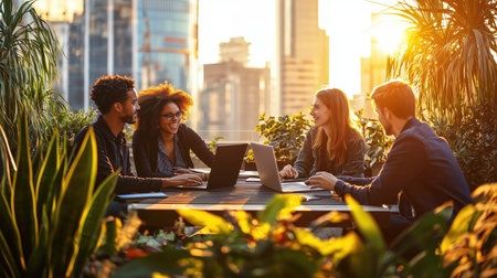A diverse team enjoys a productive and engaging outdoor work session on a city rooftop at sunset, leveraging technology for collaboration. The warm golden light enhances their cheerful interactionの素材