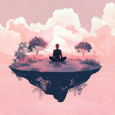 A serene silhouette meditates peacefully on a tranquil floating island, enveloped by soft pastel pink clouds and water, creating a dreamlike landscape of inner peace and harmony.の素材
