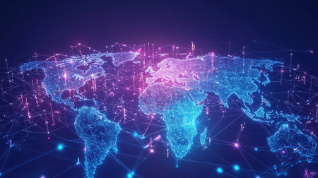 Dynamic digital world map illustrating global data exchange with interconnected nodes and vibrant neon lines. This abstract visualization emphasizes modern technology, global communication, andの素材