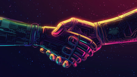 A vibrant, neon-lit handshake composed of intricate circuit board patterns against a dark, starry background. This powerful image symbolizes technological partnership, digital connection, and theの素材
