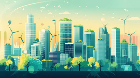 A vibrant vector illustration of a sustainable city, featuring modern green buildings, rooftop gardens, wind turbines, and lush trees. This eco-friendly urban landscape represents a future of cleanの素材